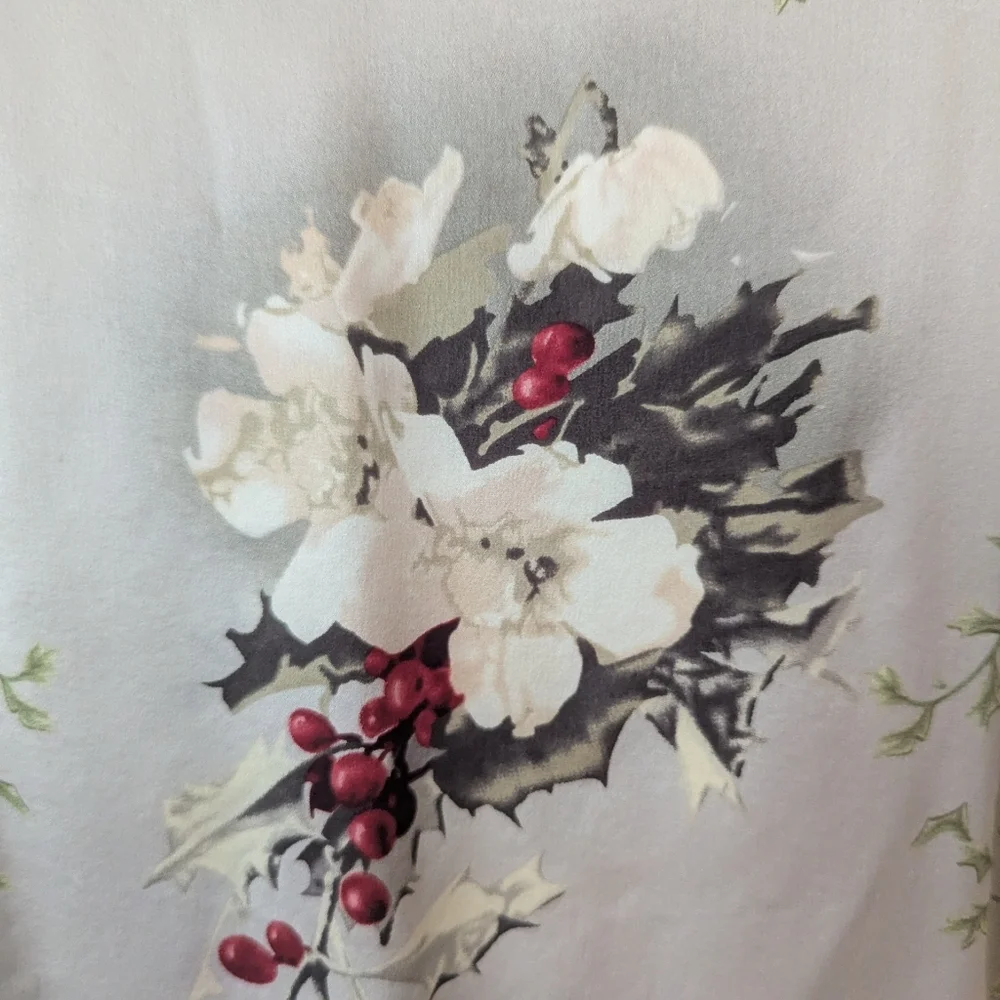 Vintage Silk Scarf Floral Holly Berry Christmas Fabric Holiday Silver Red Green